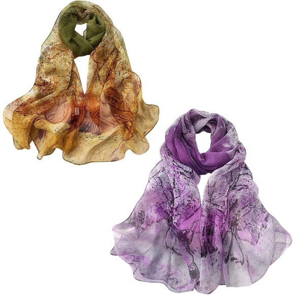 Women's Green+purple Fashion Lightweight Head Scarf Floral Print Chiffon Scarves - Picture 1 of 7